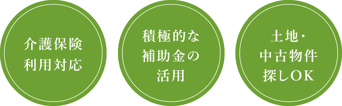 介護保険利用対応/積極的な補助金の活用/土地・中古物件探しOK